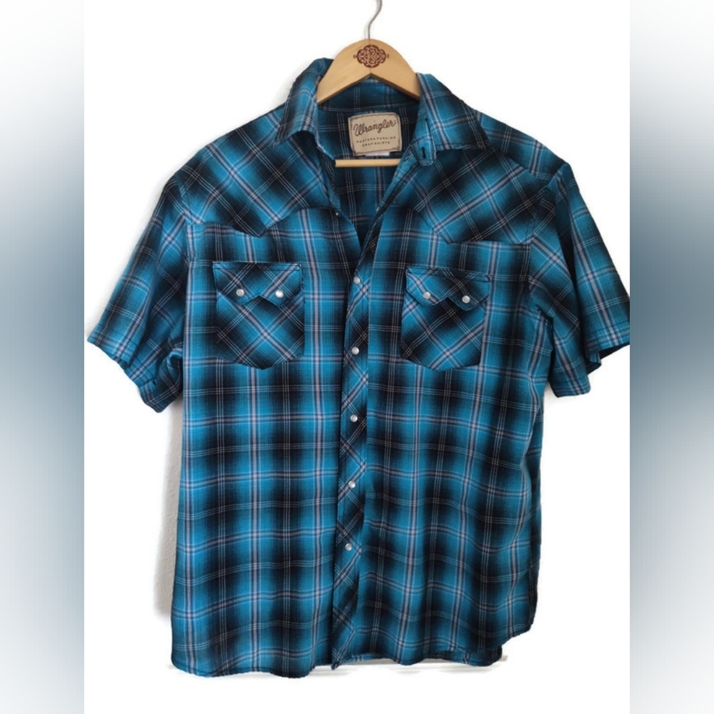 Wrangler Men's Western Rodeo Blue & Turquoise Plaid Pearl Buttons Shirt  Large